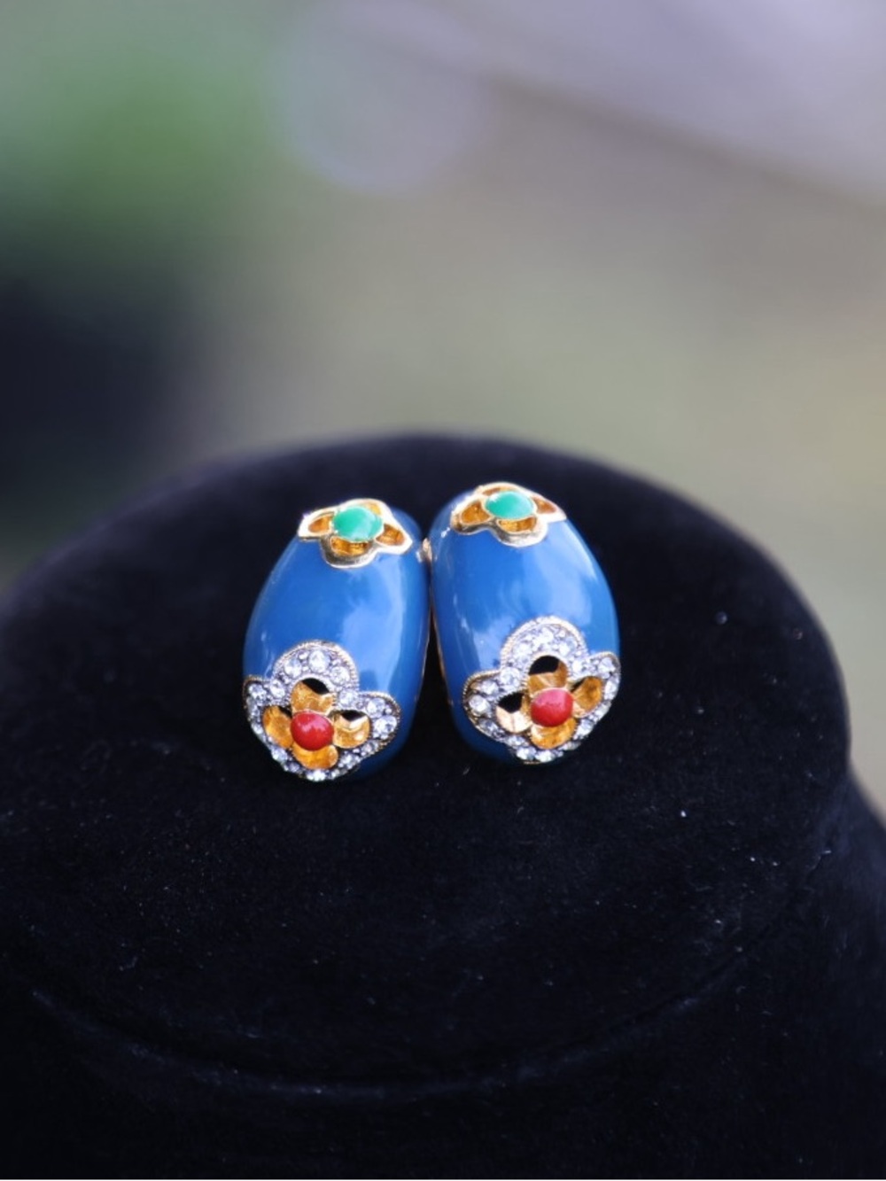 Capri Blue Enamel Floral Accent Stud Earrings with Gold-Tone Detail